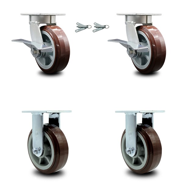 Service Caster 6 Inch Kingpinless Poly on Polyolefin Caster Brake and Swivel Lock 2 Rigid, 2PK SCC-KP30S620-PPUR-SLB-BSL-2-R-2 - main